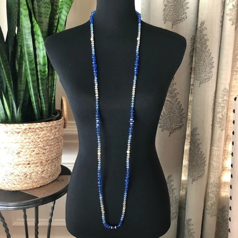 WHBM Flapper Length Long Glass Beaded Necklace Blue Clear Faceted Crystal Accent